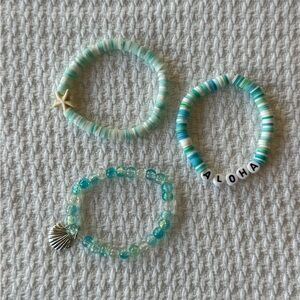 Handmade Teal Blue Clay Glass Bead Starfish Shell Aloha 3 Stretch Bracelet Set